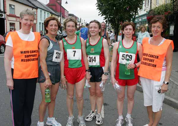 Top placed lady finishers in the DeCare Road Race and Walk in aid of Mayo Cancer Support Association in Claremorris on Saturday evening last (18 June 2005) pictured with Mayo Cancer Support Group representatives, from left Florence Devane Mayo Cancer Support Association; Breege Blehein McHale, Ballina,  1st with a time of 29 mins and 35 secs;  Angela O'Connor, Castlebar 2nd; Ann Lennon, Castlebar, 3rd; Noreen McManamon Newport 4th; and Marcella Ryan Crossboyne Claremorris,  Mayo Cancer Support Association. Photo Michael Donnelly


