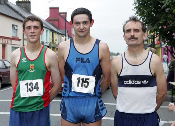 Top 3 finishers in the DeCare Road Race and Walk in aid of Mayo Cancer Support Association in Claremorris on Saturday evening last from left: John Byrne Mayo AC 1st with a time of 26 mins and 15 secs; Ian Egan GCH (Galway City Harriers)  2nd, and Billy Gallagher Sligo 3rd; Photo Michael Donnelly