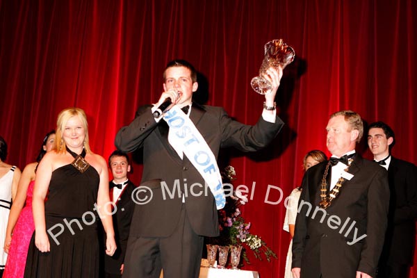 Paddy Burke, Claremorris winner of the No Name Club "Host of the Year" National Youth award 2007 in the TF Royal Theatre Castlebar, pictured on stage during his acceptance speech with compere Nikki Hayes and Anthony McCormack, National Chairman No Name Club. Photo:  Michael Donnelly