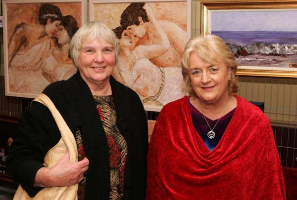 Patricia Trowbridge and Valerie Quirke, Louisburgh pictured at the Castlebar Rotary Club Art sale (in conjunction with the Mayo Pink Ribbon Appeal) in Breaffy House Hotel, Castlebar. Photo:  Michael Donnelly 