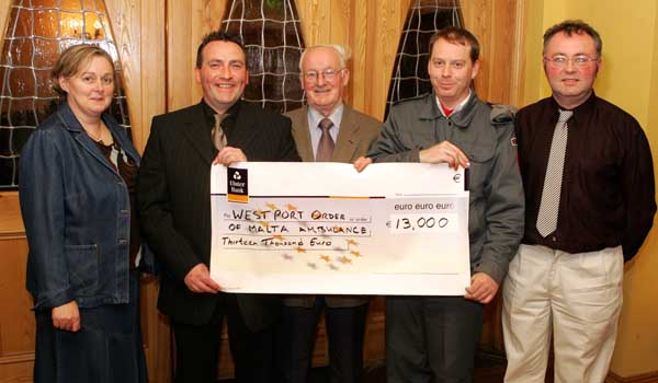 John OShaughnessy, chairman of the Mayo People in Need Committee, presents a cheque for 13,000 Euros to David Fahey, Officer in Charge, Westport Order of Malta, at the distribution of 163,100 Euros collected in the "Telethon 2004 - People in Need" fundraising in the Welcome Inn Hotel Castlebar, included in photo from left: Patricia Gibbons, Westport order of Malta, Tom Kenny and Michael Larkin, Committee, Photo Michael Donnelly 