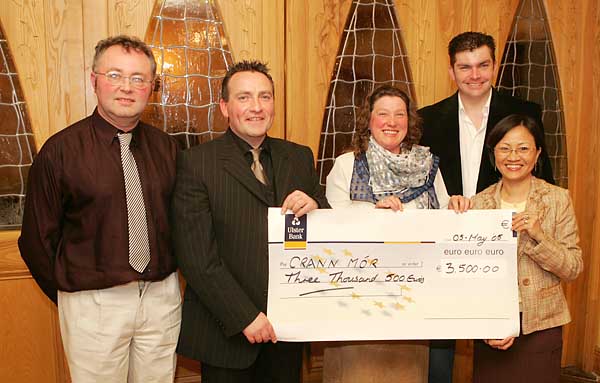 John OShaughnessy, chairman of the Mayo People in Need Committee, presents a cheque for 3,500 Euros to Sue Stanley, and Linda Heraty Crann Mr, Ballinrobe at the distribution of 163,100 Euros collected in the "Telethon 2004 - People in Need" fundraising in the Welcome Inn Hotel Castlebar, included in photo are Michael Larkin (on left) and James Kilbane (at back). Photo Michael Donnelly