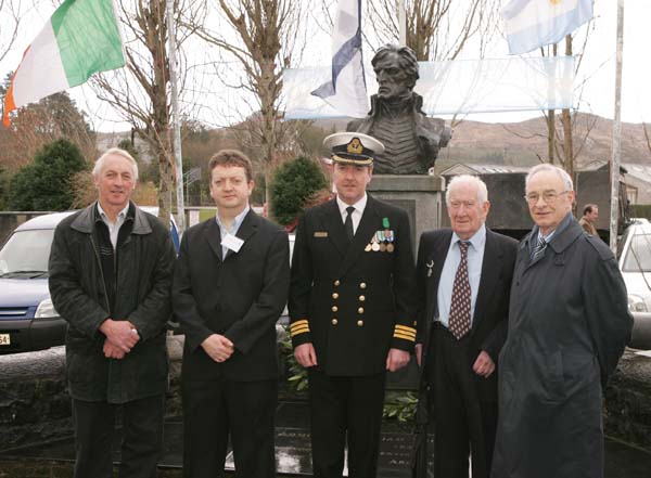 Pictured at the commemorations in Foxford Co Mayo Ireland to mark the 150th Anniversary of the death of Admiral William Brown, who was born in Foxford in 1777, from left: Anthony Ruane, A.B.S. and Oliver Murphy, PRO Admiral Brown Society Foxford; Commander Mark Mellett, Irish Naval Sevice, Kevin Sherry, Foxford last surviving member of the original Admiarl Brown Society in Foxford, and Paddy Naughton, community representative. Photo Michael Donnelly