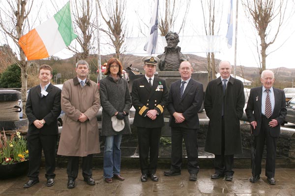 Pictured at the commemorations in Foxford Co Mayo Ireland to mark the 150th Anniversary of the death of Admiral William Brown, who was born in Foxford in 1777, from left: Oliver Murphy,  PRO Admiral Brown Society, Seamus Granahan Director of Services, MCC; Councillor Michelle Mulherin , MCC; Commander Mark Mellett, Irish Naval Sevice, Councillor Joe Mellett MCC; Peter Hynes Mayo Co Co; and Kevin Sherry member of the 1957 Centenary Admiral Brown Society. Photo Michael Donnelly