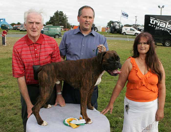 Evans Boland, from Aclare Co Sligo with Tyson,  Reserve Champion Dog at the 88th Claremorris Agricultural Show, included on left is Johnny Farragher Steward and Marie Mullen, Roscommon, (judge). Photo:  Michael Donnelly.
 
