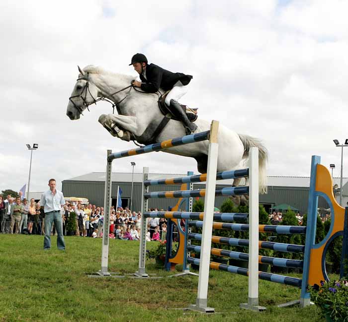 Damien Griffin, Ahascragh Ballinasloe on Lissyegan Clover Diamond clears the huge 6ft 10 inch  jump at Claremorris Agricultural show to win the high jump competition. Photo: Michael Donnelly