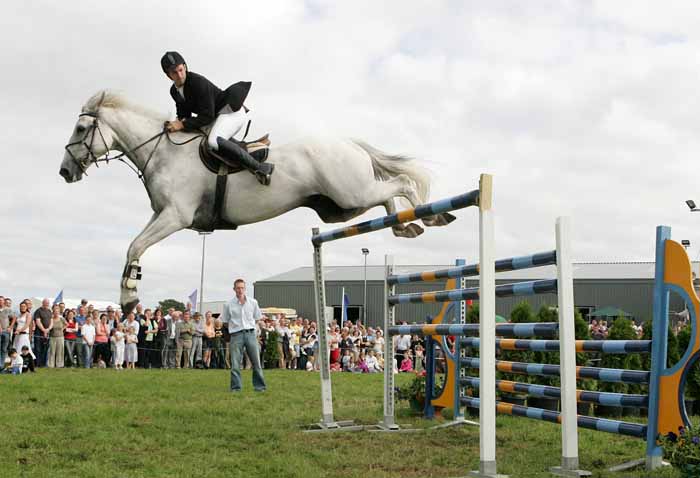 Damien Griffin, Ahascragh Ballinasloe on Lissyegan Clover Diamond clears the huge 6ft 10 inch  jump at Claremorris Agricultural show to win the high jump competition. Photo: Michael Donnelly