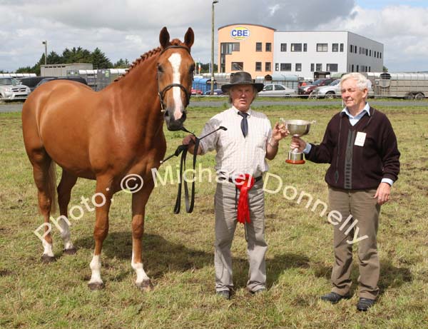 John Joyce (sponsor) presents the Michael Joyce Memorial Cup  (International Show jumper 1992 1998) to Stephen Doherty, Ballina at Claremorris Agricultural Show, for best 3 year Old Gelding or Filly, (Class 5). Photo:  Michael Donnelly