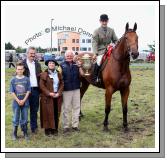 Cormac Hanley (sponsor) presents the Oliver Dixon Gold Cup at Claremorris Agricultural Show to Fergal Birrane Killala for Champion Hunter under Saddle. Included in photo from left Patrick and P.J Munnelly, Athlone (owner) and Jessica Tanner, Judge.  Photo:  Michael Donnelly