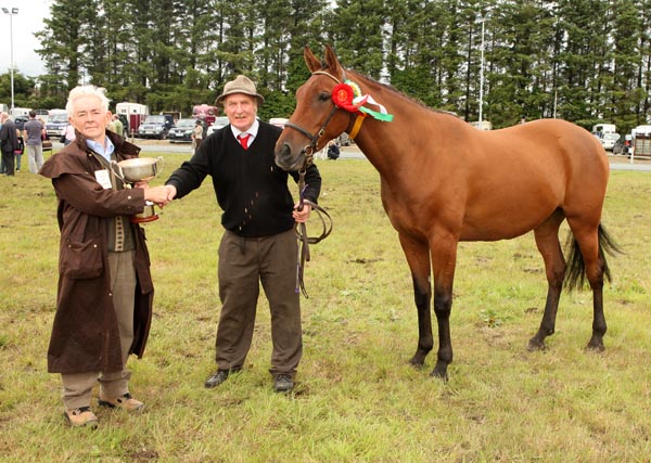 John Joyce, (sponsor)  presents the Michael Joyce Memorial Cup for Champion Young Horse of the Show (3 years old and under) to Pat Carty, Athlone at Claremorris Agricultural Show. Photo:  Michael Donnelly