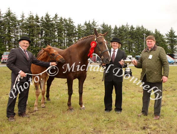 Liam and Michael Lynskey, Swinford are presented with the James Prendergast Memorial Cup by Pat Prendergast (sponsor) at Claremorris Agricultural Show for "Lady in Red" winner of  James Prendergast Memorial Cup class- Best Brood mare to breed a hunter with or without foal at foot. Photo: Michael Donnelly.