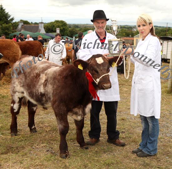 Terry Middleton, Tourmakeady pictured at Claremorris Agricultural Show with trophy for Best Shorthorn Bull or Heifer Calf Pedigree or Non Pedigree born on or after January 1, 2009:  and shown by Amelda Middleton. Photo:  Michael Donnelly