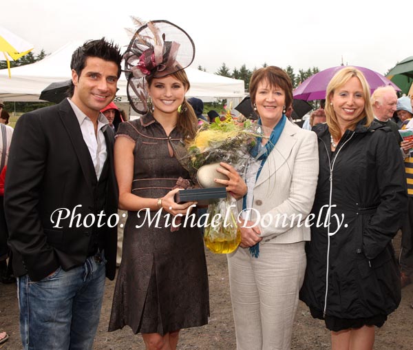 Angela Duggan, Claremorris, winner of the "Best dressed Lady" at Claremorris Agricultural Show is presented with her prize (Sponsored by Robert Blacoe Jewellers, Claremorris and Galway)  by Maureen Finnerty, Show secretary; included in photo are John McNicholl and Sinead Heffernan, Judge. Photo: Michael Donnelly.