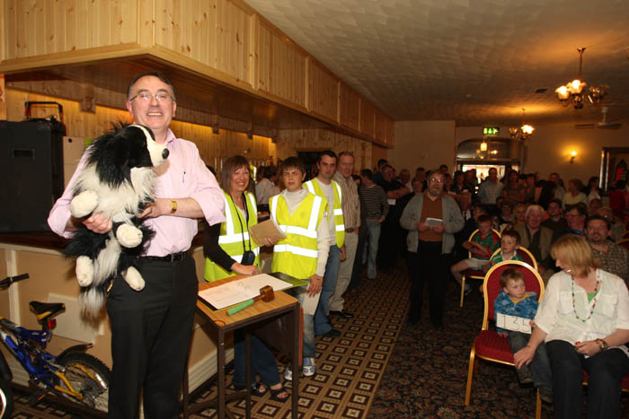 Auctioneer  Matt Duggan Swinford pictured with  a stuffed Dog, one of the many items at the 24 Hour Auction in Julians of Midfield Swinford in an attempt to break a record in the Guinness book of Records. The Auction continues until 6pm Sunday 14th.  Photo:  Michael Donnelly