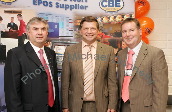 Pictured at the official opening of CBE's new Head Office and Research and Development Centre, IDA Business Park Claremorris, from left: Gerard Concannon, CEO and Chairman of CBE; Deputy John O'Mahony, T.D. and Mayo Senior Football Team manager and Seamus Murray, Financial Controller CBE and Group Director; Photo:  Michael Donnelly