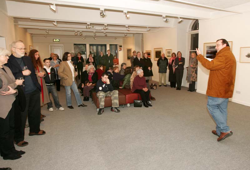 Eamon Smith, chairman Linenhall Arts Centre addresses the audience at the official opening in the Linenhall Arts Centre, Castlebar of "Ballinglen - the First 15 years", An exhibition of 25 works from the Collection of Ballinglen Arts Foundation. Photo:  Michael Donnelly