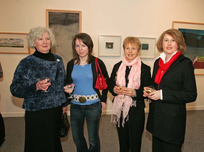 Pictured in the Linenhall Arts Centre Castlebar, at the official opening of "Ballinglen the First 15 years", An exhibition of 25 works from the Collection of Ballinglen Arts Foundation, selected by Linenhall Arts Centre Chairman Eamon Smith, included in photo from left. Mary and Geraldine Munnelly, Ballycastle; Christine Tighe, Ballinglen Arts Foundation and Una Forde, Ballinglen Arts Foundation. Photo:  Michael Donnelly