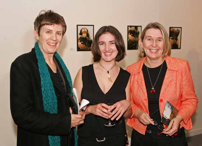 Pictured at the official opening of the Exhibition "Reclaiming the Serpent" by Caroline Hopkins Castlebar in the Linenhall Art Centre Castlebar, from left: Vivienne Dick,  Film maker and Lecturer who performed the offical opening, Caroline Hopkins, Artist and Marie Farrell, Director Linenhall Art Centre.  Photo: Michael Donnelly.