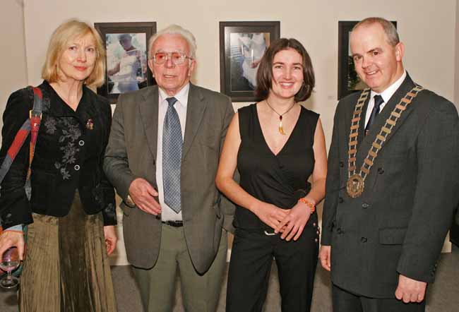 Pictured at the official opening of the Exhibition "Reclaiming the Serpent" by Caroline Hopkins Castlebar in the Linenhall Art Centre Castlebar, from left: Veronica Bolay, Sean  Heala, Caroline Hopkins,  and Cllr Blackie Gavin, Mayor of Castlebar Town Council.