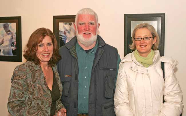 Pictured at the official opening of the Exhibition "Reclaiming the Serpent" by Caroline Hopkins Castlebar in the Linenhall Art Centre Castlebar, from left: Kathleen Duffy Westport/Castlebar; Jarlath Cunnane, Castlebar, (Northabout skipper); and Patricia Mannion Westport.  Photo: Michael Donnelly.