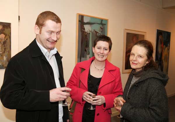 Pictured at the official opening of an exhibition of paintings by Mary T Conroy in the Linenhall Arts Centre, from left: Mark Rooney, Deborah Rooney Newport and Mary T Conroy, (artist) Carraroe Co Galway. Photo Michael Donnelly 