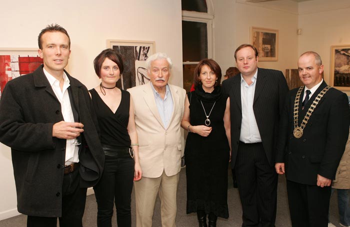 Pictured at the official opening "thus spoke the silent spaces" an exhibition of recent work by Tracy Sweeney, Castlebar in the Linenhall Arts Centre, Castlebar, from left: Cllr. Harry Barrett; Tracy Sweeney, artist; Cllr Johnny Mee, Finula White, Pat Moran, who performed the official opening and Cllr Blackie Gavin, representing the Mayor of Castlebar. Photo:  Michael Donnelly