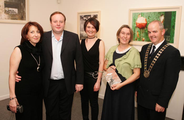 Pictured at the official opening of "thus spoke the silent spaces" an exhibition of recent work by Tracy Sweeney Castlebar in the Linenhall Arts Centre, Castlebar, from left: Finula White, Pat Moran, who performed the official opening; Tracy Sweeney, Artist; Marie Farrell, Director Linenhall Arts Centre Castlebar and Cllr Blackie Gavin, representing the Mayor of Castlebar. Photo:  Michael Donnelly