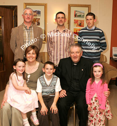 Nephews and Nieces pictured with Fr Paddy Kilcoyne at the Ruby anniversary Celebrations of his Ordination in The Park Hotel, Kiltimagh, front from left Ellen and Attracta Kilcoyne, Liam Kilcoyne  Fr Paddy, and Anna Kilcoyne; At back from left: Pat, Luke and Barry Kilcoyne. Photo:  Michael Donnelly