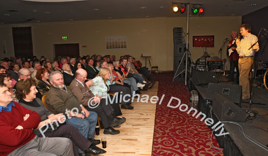 Michael Commins speaking in the McWilliam Park Hotel, Claremorris at the "Hometown Tribute to Michael Commins  celebrating 30 years of service to the Irish showbiz scene as journalist, broadcaster and songwriter, . Photo:  Michael Donnelly
 
 
