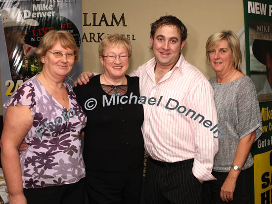 Pictured in the McWilliam Park Hotel, Claremorris at the "Hometown Tribute to Michael Commins  celebrating 30 years of service to the Irish showbiz scene as journalist, broadcaster and songwriter, from left: Julie Shuter Achill, Elsie McTigue Breaffy,  Gordon Maher, (Mike Denver Band), and Mary Feerick, Ballinrobe . Photo:  Michael Donnelly