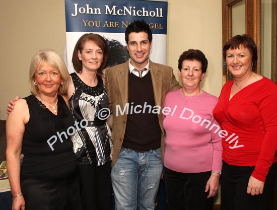 John McNicholl pictured with his "Angel" fans in the McWilliam Park Hotel, Claremorris at the "Hometown Tribute to Michael Commins  celebrating 30 years of service to the Irish showbiz scene as journalist, broadcaster and songwriter, from left: Siobhan Brennan, and Martina Kenny Charlestown, Kathleen Murray, Carrowmore Lacken and  Margaret Owens, Charlestown. Photo:  Michael Donnelly