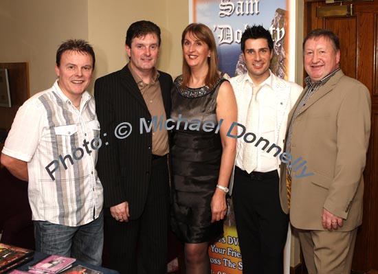 Pictured in the McWilliam Park Hotel, Claremorris at the "Hometown Tribute to Michael Commins  celebrating 30 years of service to the Irish showbiz scene as journalist, broadcaster and songwriter, from left: Thomas Maguire, Shawn Cuddy, Mary Dunican, John McNicholl, and Paddy O'Brien. Photo:  Michael Donnelly
