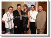 Pictured in the McWilliam Park Hotel, Claremorris at the "Hometown Tribute to Michael Commins  celebrating 30 years of service to the Irish showbiz scene as journalist, broadcaster and songwriter, from left: Thomas Maguire, Shawn Cuddy, Mary Dunican, John McNicholl, and Paddy O'Brien. Photo:  Michael Donnelly