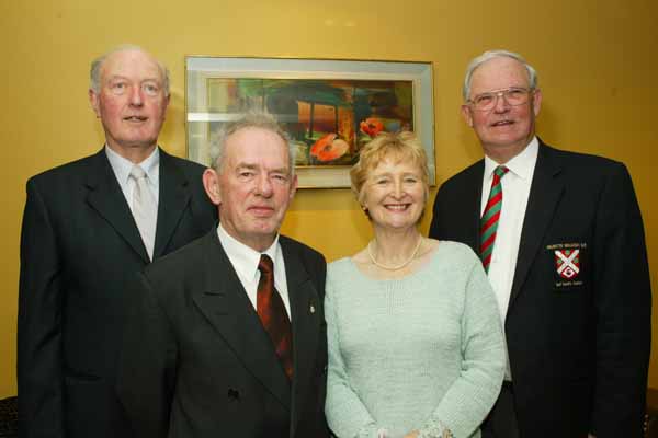 Joe Conway, Balla, TJ and Nancy Smyth Straide, and Dan O'Neill captain of the Mayo Golf Society pictured at Muintir Maigh Eo Gallimh 35th Annual dinner Dance in the Sacre Coeur Hotel Salthill Galway. Photo Michael Donnelly