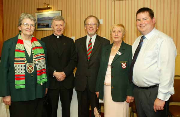 Maureen Egan Langan, chairperson Muintir Maigh Eo Gallimh, Dr Michael Neary Archbishop of Tuam, Mayoman of the Year Dr Nollaig OMuraile, Loretta Walsh, President  and Seamus Murray of CBE pictured  at Muintir Maigh Eo Gallimh 35th Annual dinner Dance in the Sacre Coeur Hotel Salthill Galway. Photo Michael Donnelly