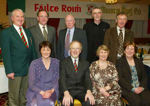 Pictured at Muintir Maigh Eo Gallimh 35th Annual dinner Dance in the Sacre Coeur Hotel Salthill Galway front from left: Mary OHara; Mayoman of the Year Dr Nollaig OMuraile and his wife Teresa Morley, and Rene Burke, Ballinlough; at back Bernard OHara, Paddy Henry, Tubbercurry, Paddy Mulligan, Ballaghaderreen, Fr Martin Jennings  and Tom Burke Photo Michael Donnelly