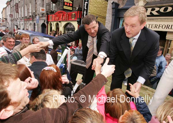 F.G. Election candidate John O'Mahony and Deputy Enda Kenny TD Leader of Fine Gael press the flesh in Ballina. Photo:  Michael Donnelly