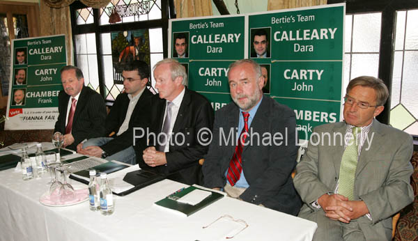 The Fianna Fail  General Election Candidates for Mayo pictured at a press conference in the Welcome Inn Hotel Castlebar, after handing in the nomination papers, from left: John Carty, T.D. Knock and Dara Calleary Ballina; Denis Gallagher Director of Elections; Cllr Frank Chambers, Newport and Aidan Crowley Fianna Fail Election Agent. Photo:  Michael Donnelly