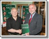 Peadar Kilroy Newport pictured  with Cllr Frank Chambers, Fianna Fail General Election Candidate  at a Press reception in the Welcome Inn Castlebar, with the Fianna Fail manifesto after handing in hisr nomination papers. Photo:  Michael Donnelly