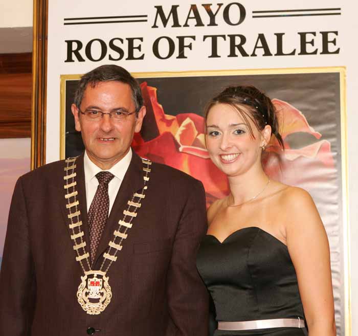 Cathaoirleach of Mayo County Council Cllr Henry Kenny, pictured with the Mayo Rose of TraleeAoibhinn N Shilleabhin  at the farewell reception for her in the TF Royal Hotel and Theatre, Castlebar. Photo: Michael Donnelly.