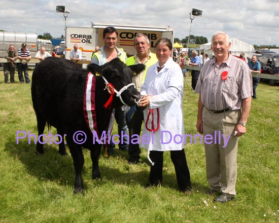 Champion Angus at Roundfort Agricultural Show, was shown by Bernadette Healy and owned by John Healy, Knockdoe East Claregalway, included in photo from left: P.J. Mooney and Padraig Heneghan, Show Stewards and Owen O'Neill Bova AI Limerick (Judge). Photo Michael Donnelly