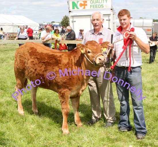 Ciaran Golden Carrowholly Westport won 1st and 2nd prize in Young Heifer Calf (Limousin) at Roundfort Agricultural Show shown by Shane McGreal Ballinrobe, included in photo is Owen O'Neill (Judge) Limerick. Photo Michael Donnelly
