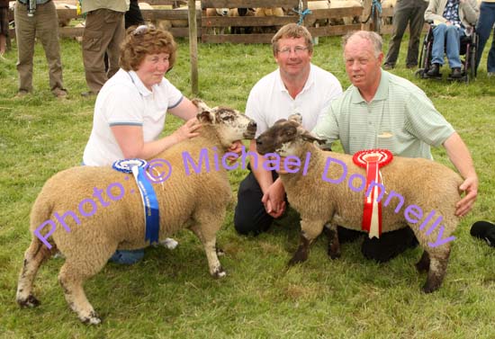 Aidan Fahy Ardrahan (right) won the Champion and Reserve Commercial Sheep at Roundfort Agricultural Show pictured with Judge John Donoghue (Kilkenny) and Margaret Niland Ardrahan Co Galway.Photo Michael Donnelly