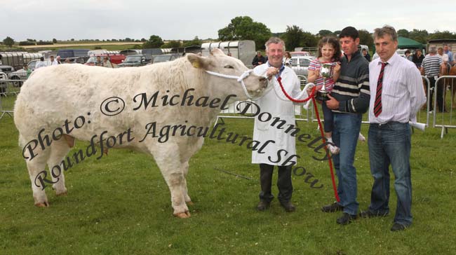 Robert Burns, Easkey Co. Sligo is presented with the Martin Joe Shaughnessy Memorial Cup by Michaela Murphy and Martin Shaughnessy (son)  at Roundfort Agricultural Show, included in photo is Gordon Cutler (Judge) Enniskillen. Robert also won the Laragan Lime, All Ireland Beef Bullock Qualifier (sponsored by Hanley Bros, Laragan, Strokestown and  the Champion of Show. Photo:  Michael Donnelly 