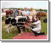 Claire O'Brien Burnfoot, Co Donegal, pictured with "Best pair of Continental Cross Calves" at Roundfort Agricultural Show, at back  Jim Nally, Chairman Roundfort show (on left) is presented with sponsorship for the class by Tom Duffy, Mayo Mats Belmullet - cowmat included in photo. Photo:  Michael Donnelly