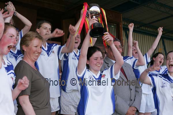Aoife Conroy captain St Josephs Castlebar raises the Cup after St Josephs Secondary School Castlebar defeated Ard Scoil na nDise Dungarvan in the Cumann Peil Gael na mBan Pat the Baker Post Primary Schools All Ireland Senior Final 2007 in Cusack Park Ennis. Photo:  Michael Donnelly