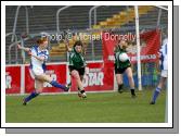 Noelle Tierney blasts to the top of the net the Cumann Peil Gael na mBan Pat the Baker Post Primary Schools All Ireland Senior Final 2007 in Cusack Park, Ennis. Photo:  Michael Donnelly