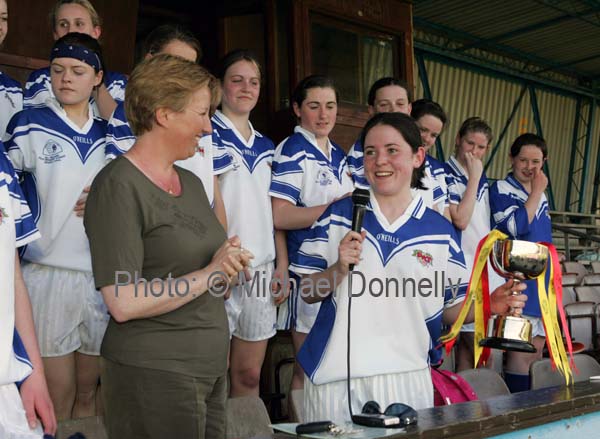 Aoife Conroy captain St Josephs Castlebar gives her victory speech after St Josephs defeated Ard Scoil na nDise Dungarvan in the Cumann Peil Gael na mBan Pat the Baker Post Primary Schools All Ireland Senior Final 2007 in Cusack Park Ennis. Photo:  Michael Donnelly