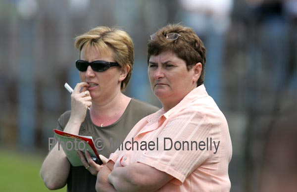 Geraldine Giles, President Cumann Peil Gael na mBan and Ita Hannon, secretary Connacht Council, watch the  Pat the Baker Post Primary Schools All Ireland Senior Final 2007 in Cusack Park Ennis. Photo:  Michael Donnelly