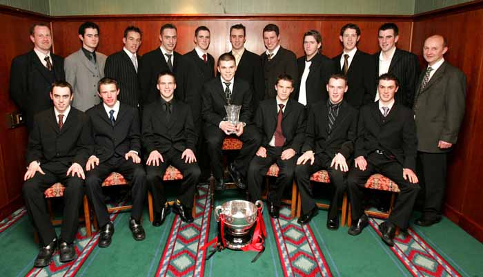 Erris United were the winners of the Team Award section of the 35th Western People Mayo Sports Awards 2004 pictured at the presentation in the TF Royal Theatre Castlebar, front from left:  Patrick Geoghagan, Brendan Nallen, Kenneth OConnor, Pat Barrett (captain); Chris Barrett, Shane Nallen and Neil Geraghty; At back: Eric Reilly (selector); Keith Noone,  Anthony Mills, Jason ODonnell, John Gaughan, Sean ODonnell,  Henry Gaughan, Ivan Barrett,  Keith Noone, John  Kerrigan and Martin McIntyre (manager). Photo Michael Donnelly
